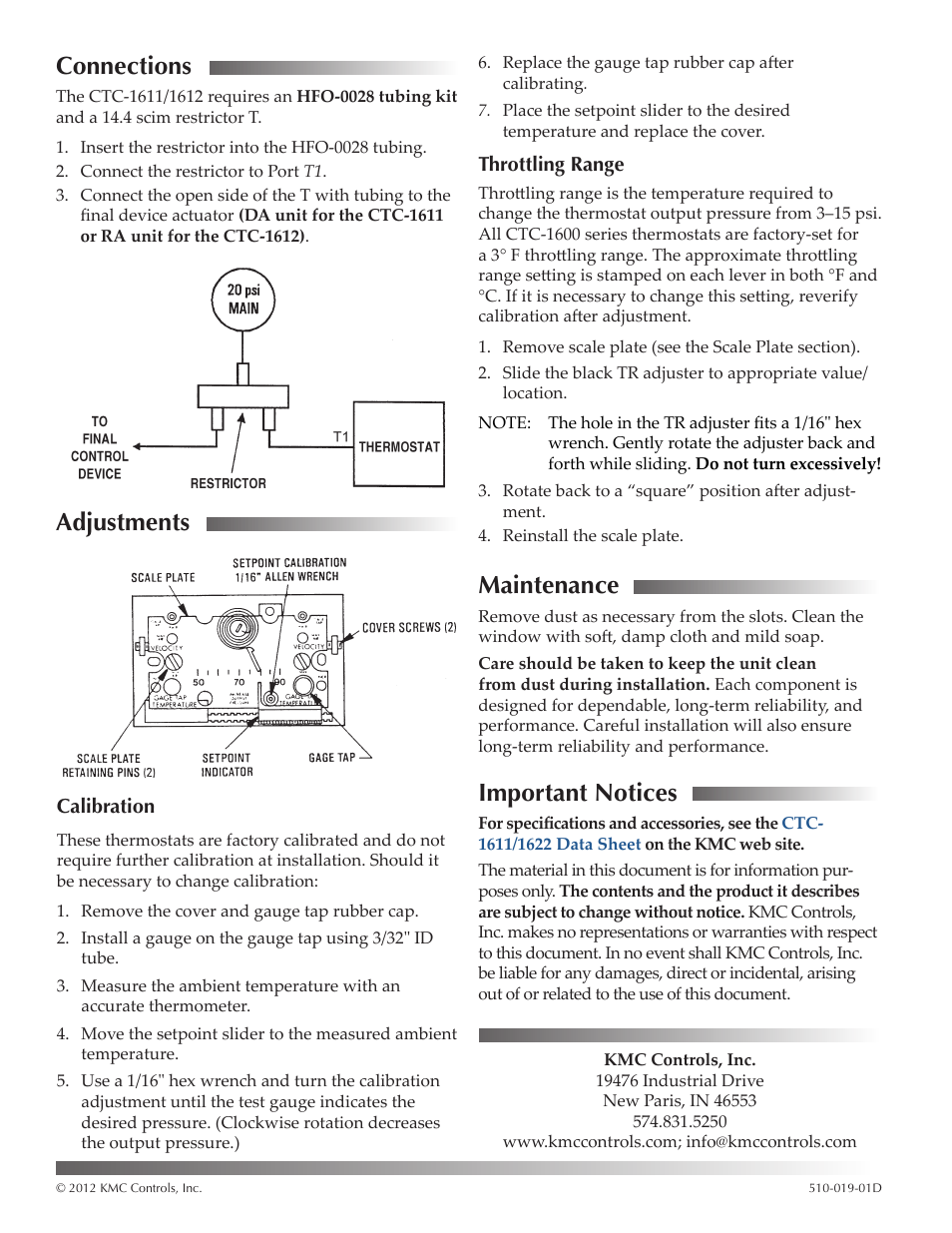 Connections, Adjustments, Calibration | Throttling range, Maintenance, Important notices, Important notices 2 | KMC Controls CTC-1612 User Manual | Page 2 / 2