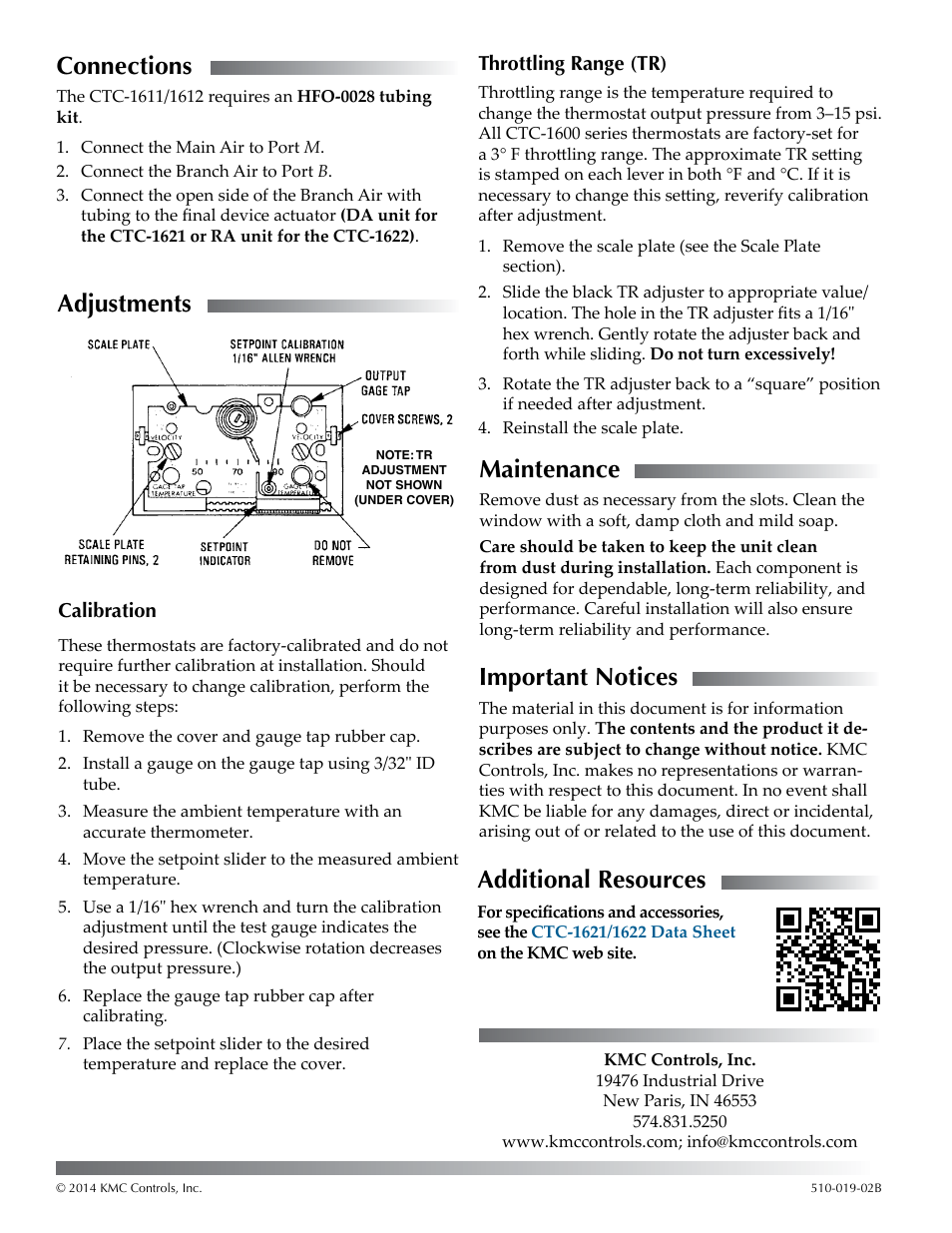 Connections, Adjustments, Calibration | Throttling range, Maintenance, Important notices, Additional resources, Connections 2 adjustments 2, Calibration 2 | KMC Controls CTC-1622 User Manual | Page 2 / 2