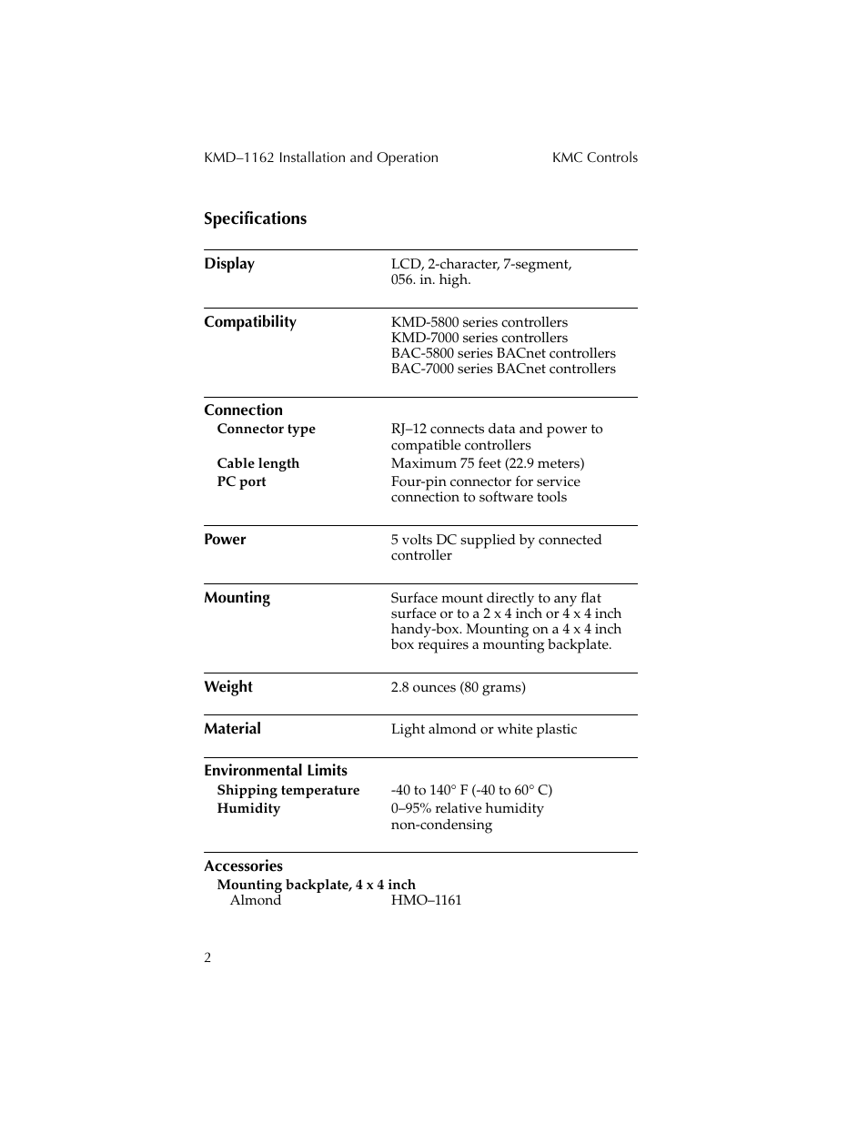 Specifications, Display, Compatibility | Connection, Power, Mounting, Weight, Material, Environmental limits, Accessories | KMC Controls KMD-1162 User Manual | Page 2 / 8