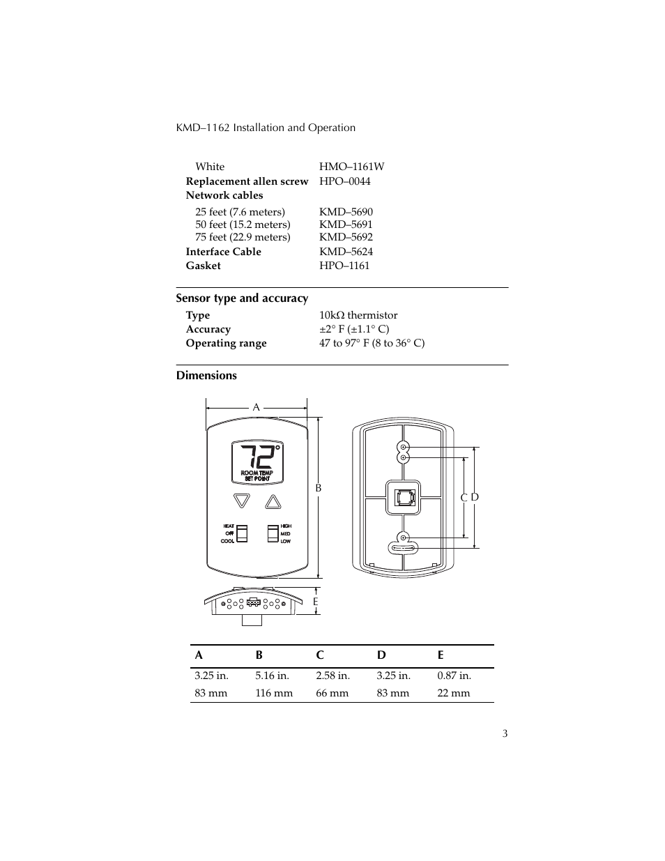 Sensor type and accuracy, Dimensions | KMC Controls KMD-1162 User Manual | Page 3 / 8