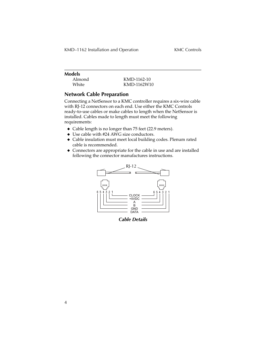 Models, Network cable preparation | KMC Controls KMD-1162 User Manual | Page 4 / 8