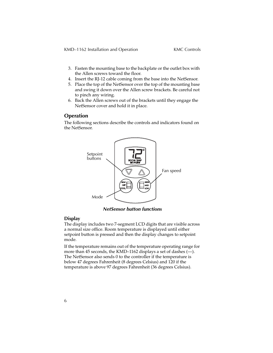 Operation, Display | KMC Controls KMD-1162 User Manual | Page 6 / 8