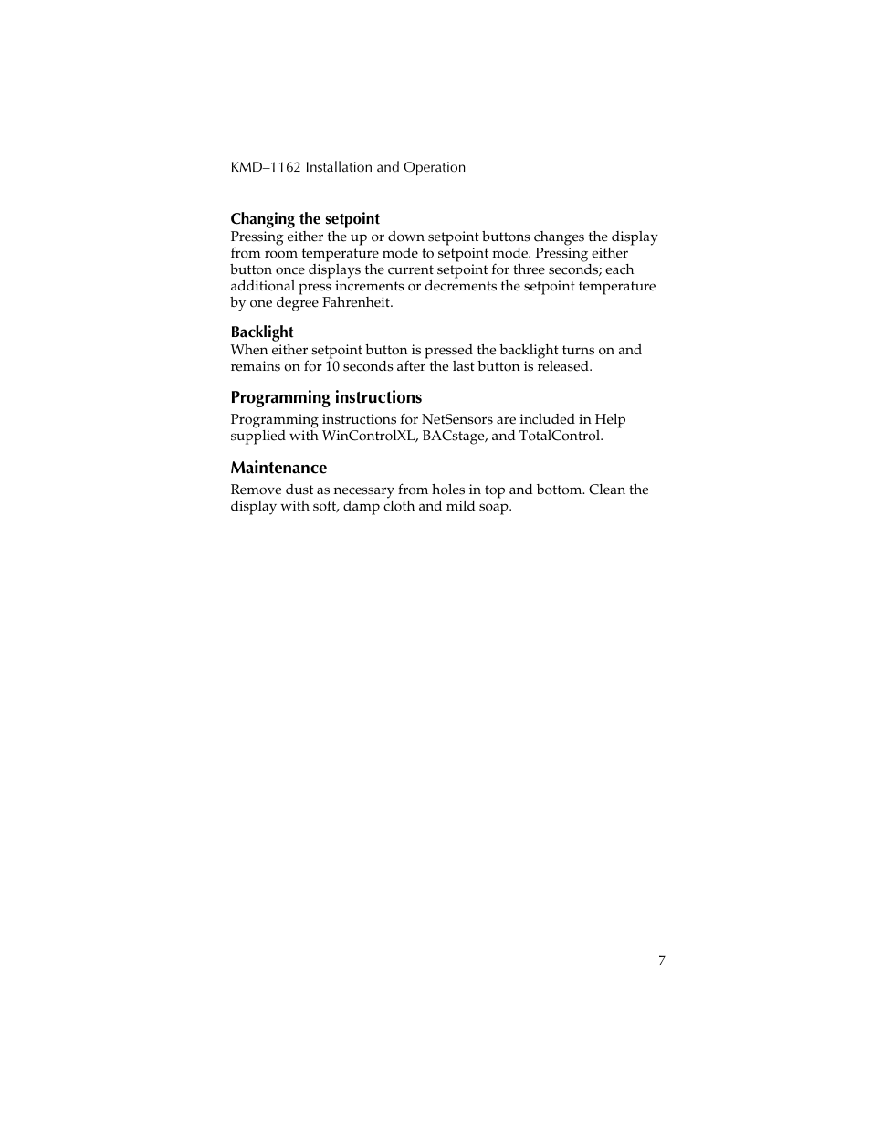 Changing the setpoint, Backlight, Programming instructions | Maintenance | KMC Controls KMD-1162 User Manual | Page 7 / 8