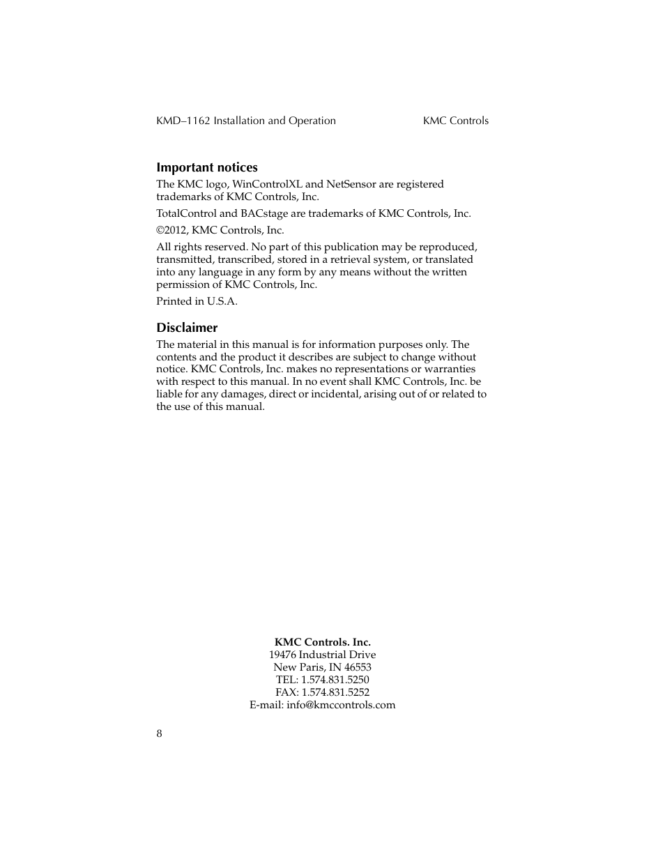 KMC Controls KMD-1162 User Manual | Page 8 / 8