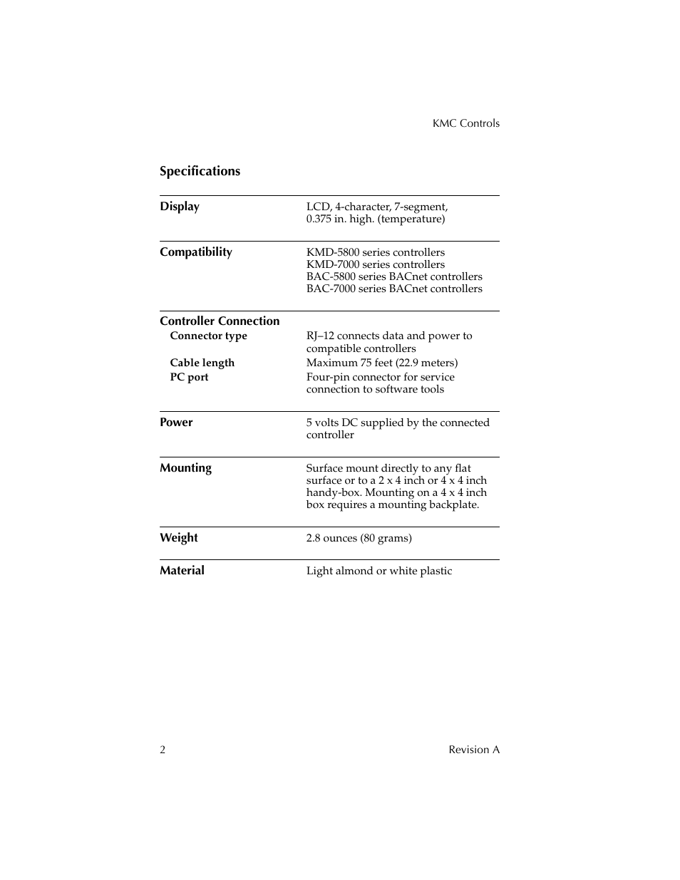 Specifications, Display, Compatibility | Controller connection, Power, Mounting, Weight, Material | KMC Controls KMD-1281 User Manual | Page 2 / 10