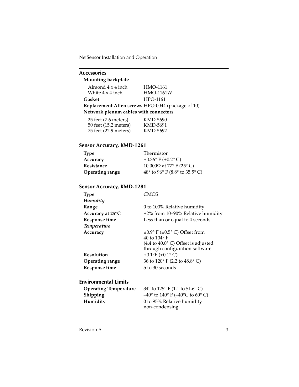 Accessories, Sensor accuracy, kmd-1261, Sensor accuracy, kmd-1281 | Environmental limits | KMC Controls KMD-1281 User Manual | Page 3 / 10