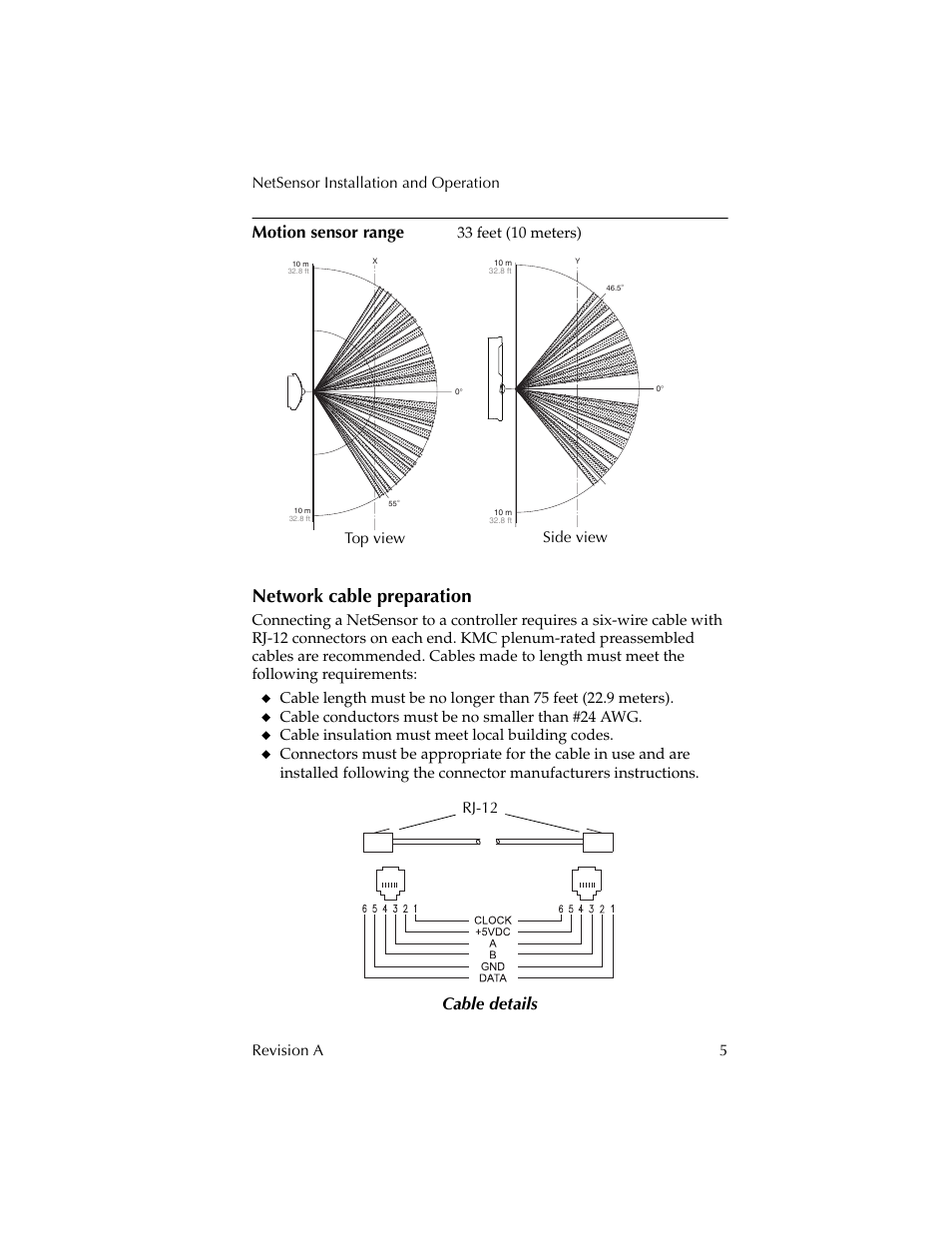 Motion sensor range, Network cable preparation, Cable details | KMC Controls KMD-1281 User Manual | Page 5 / 10