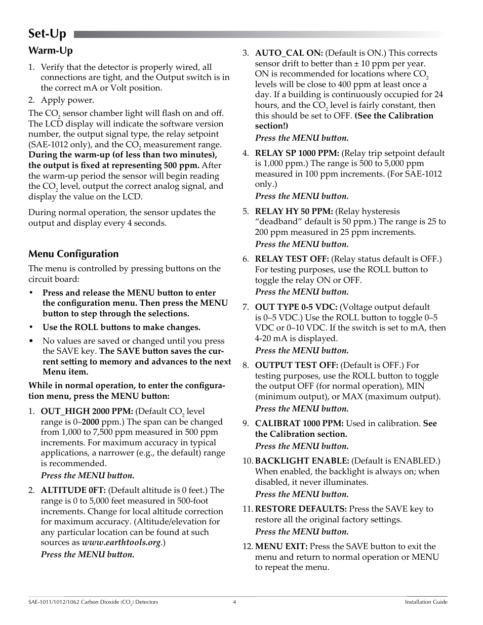 Set-up, Warm-up, Menu configuration | Set-up 4, Warm-up 4 menu configuration 4 | KMC Controls SAE-1062 User Manual | Page 4 / 6