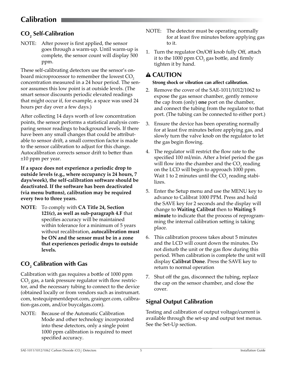 Calibration, Co2 self-calibration, Co2 calibration with gas | Signal output calibration, Calibration 5, Self-calibration 5, Calibration with gas, Caution, Self-calibration | KMC Controls SAE-1062 User Manual | Page 5 / 6