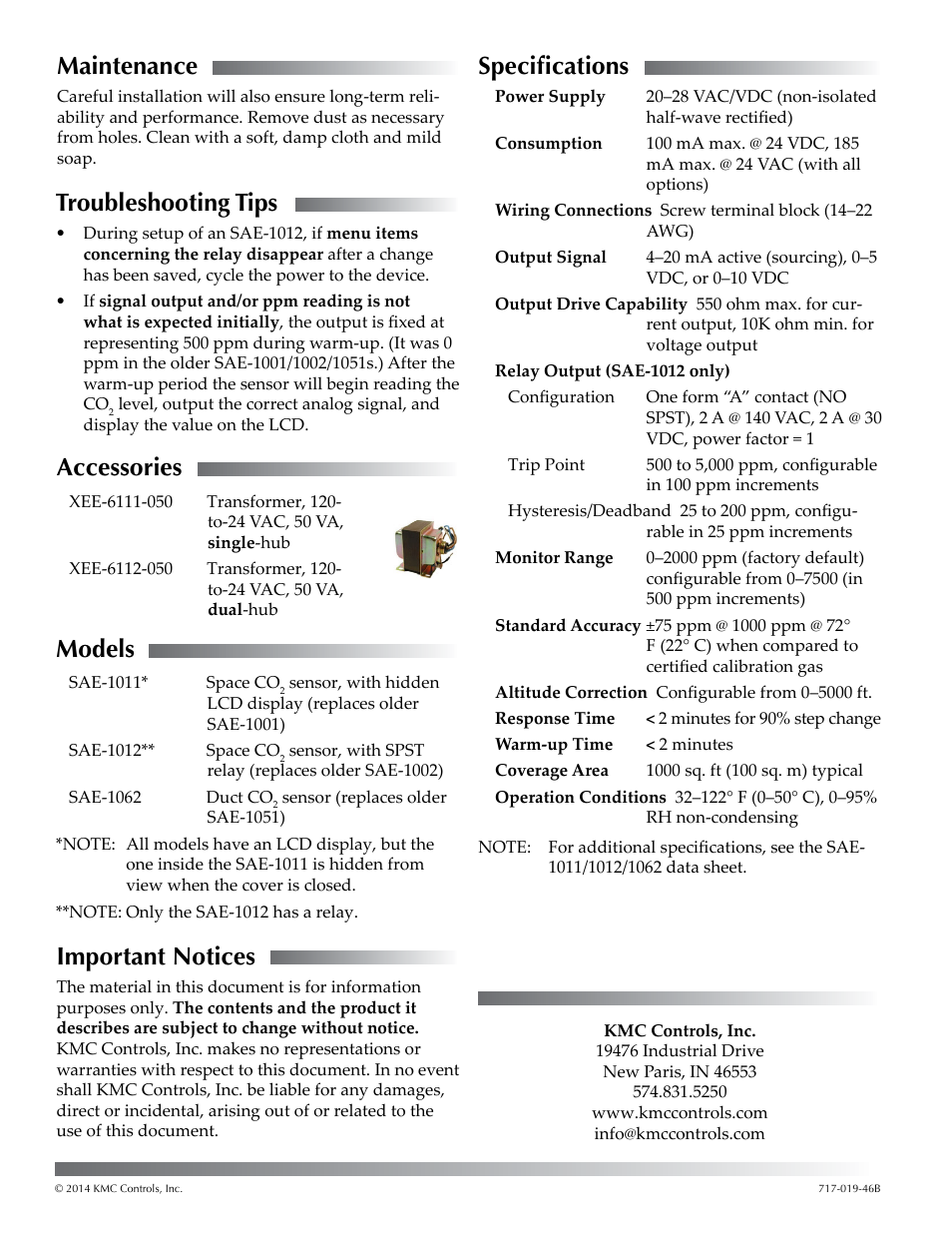 Maintenance, Troubleshooting tips, Accessories | Models, Important notices, Specifications | KMC Controls SAE-1062 User Manual | Page 6 / 6
