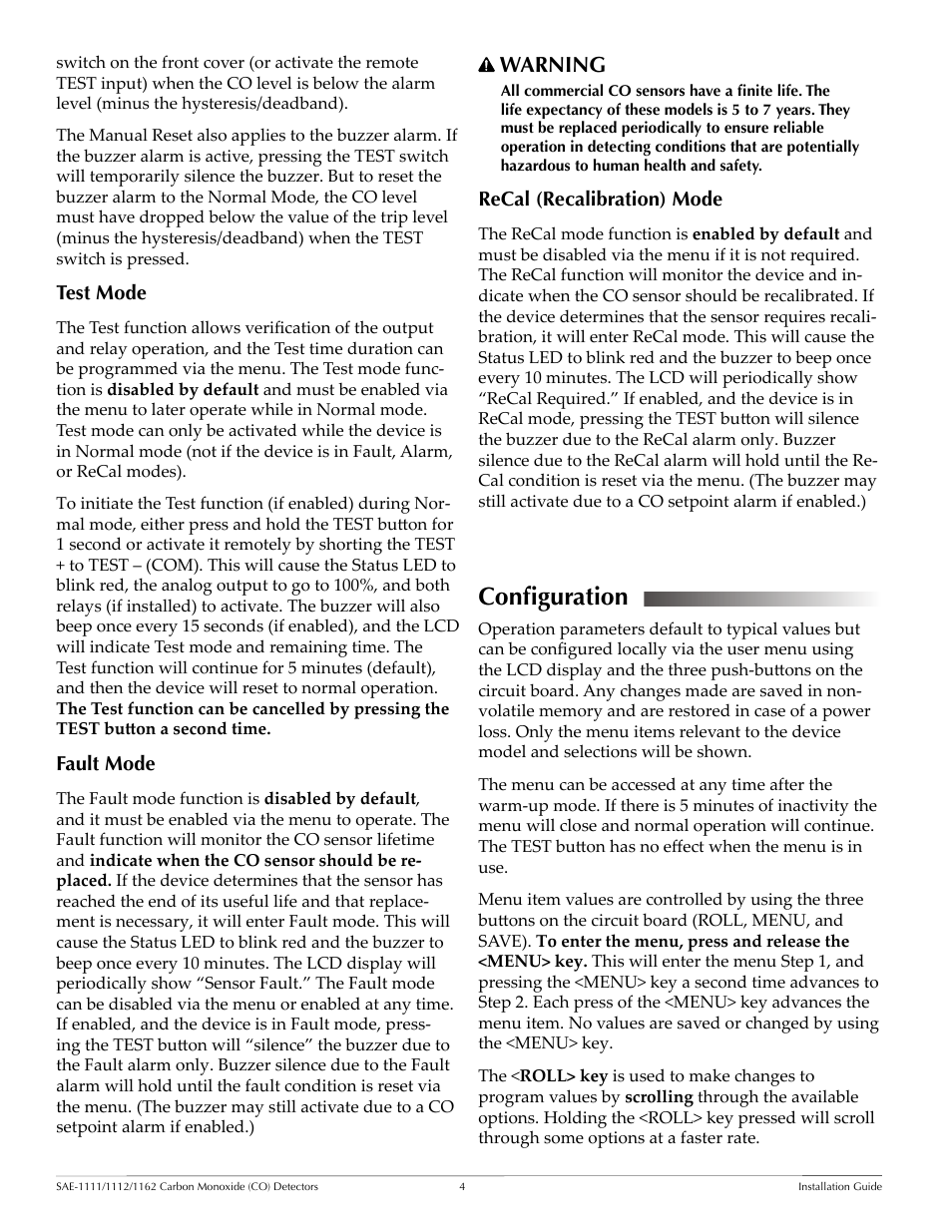 Configuration, Test mode, Fault mode | Recal (recalibration) mode, Configuration 4, Warning | KMC Controls SAE-1162 User Manual | Page 4 / 9