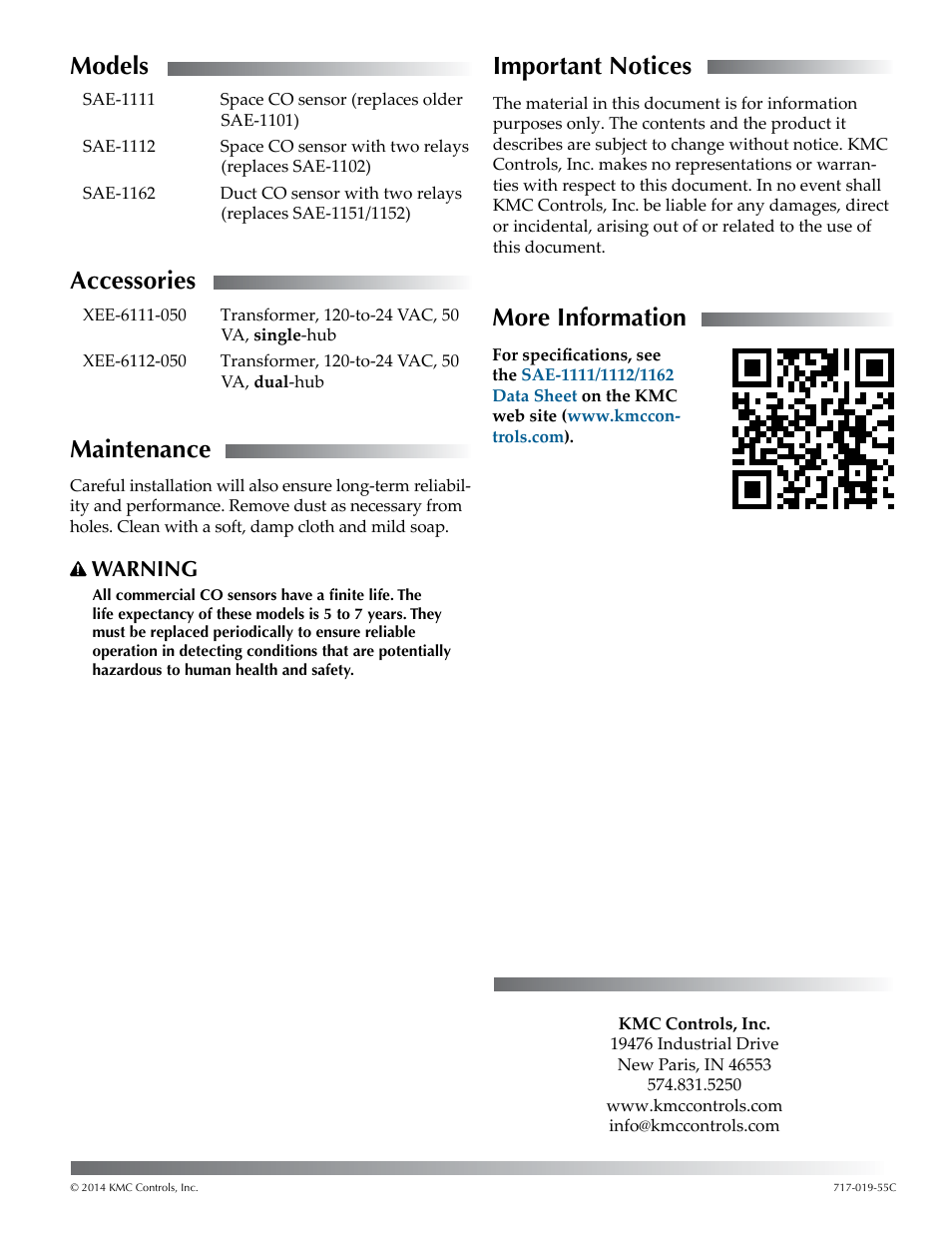 Models, Accessories, Maintenance | Important notices, More information, Warning | KMC Controls SAE-1162 User Manual | Page 9 / 9