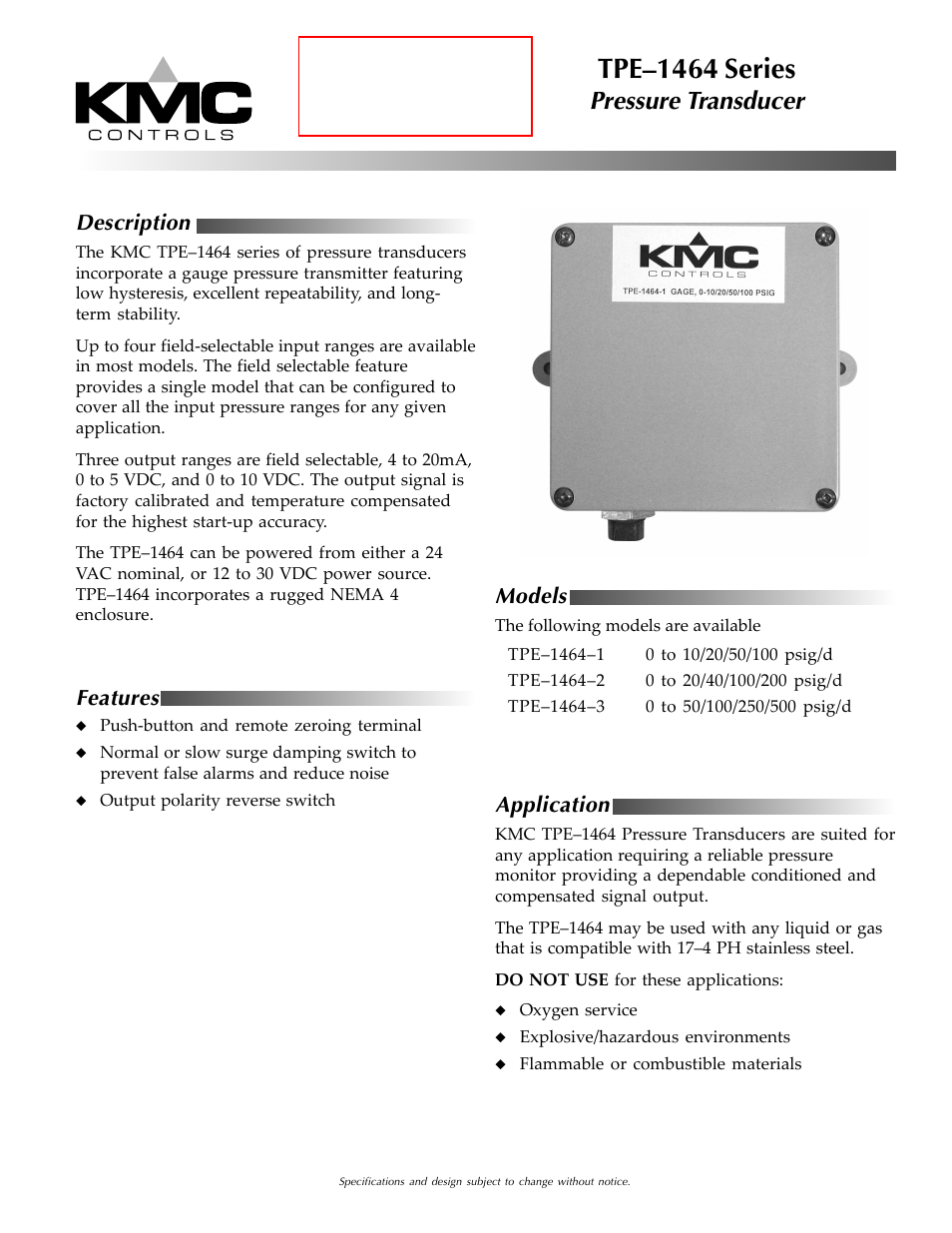 KMC Controls TPE–1464 Series(2004-2008) User Manual | 6 pages