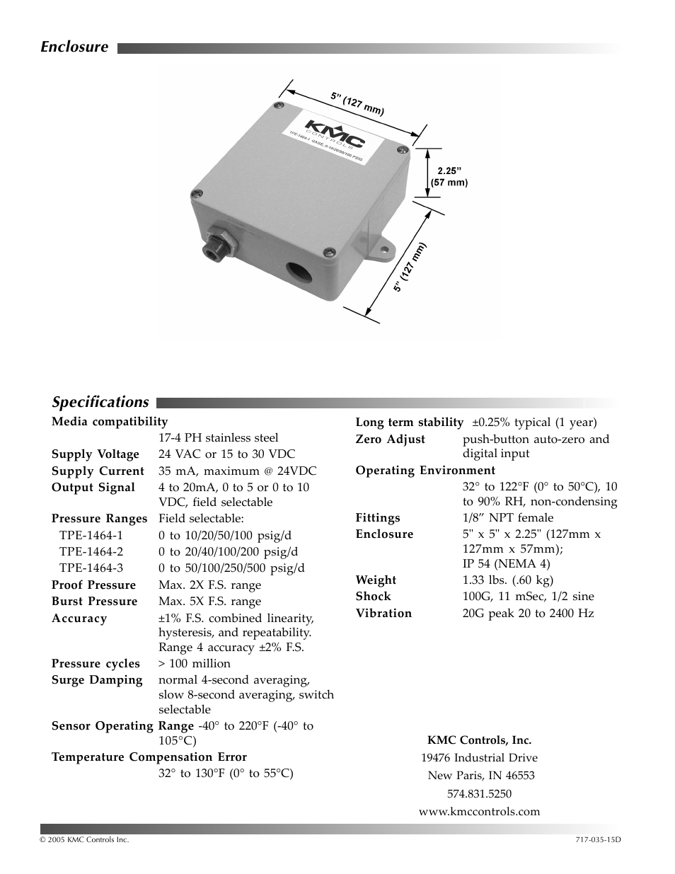 Enclosure, Specifications | KMC Controls TPE–1464 Series(2004-2008) User Manual | Page 2 / 6