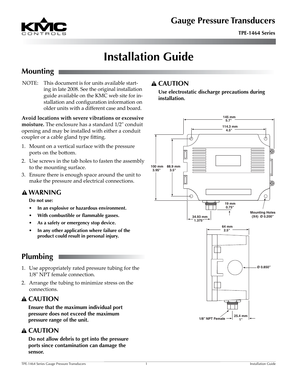 KMC Controls TPE-1464 Series(2008 and later) User Manual | 3 pages