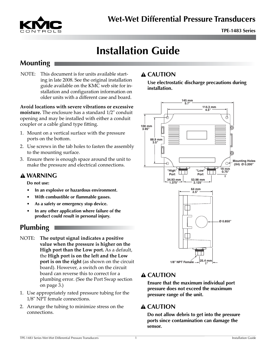 KMC Controls TPE-1483 Series(2008 and later) User Manual | 3 pages
