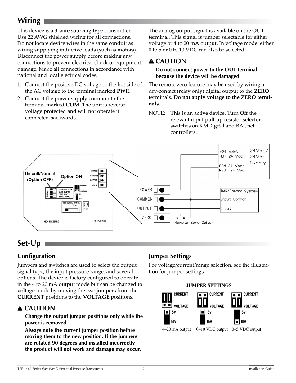 Wiring, Set-up, Configuration | Jumper settings, Wiring 2 set-up 2, Configuration 2 jumper settings, Caution | KMC Controls TPE-1483 Series(2008 and later) User Manual | Page 2 / 3