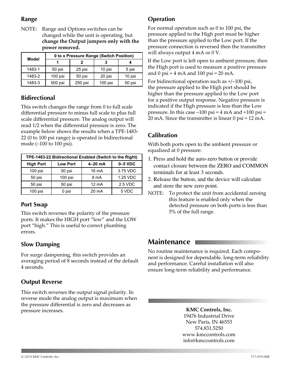 Range, Bidirectional, Port swap | Slow damping, Output reverse, Operation, Calibration, Maintenance, Range 3 bidirectional 3 port swap, Operation 3 calibration 3 | KMC Controls TPE-1483 Series(2008 and later) User Manual | Page 3 / 3