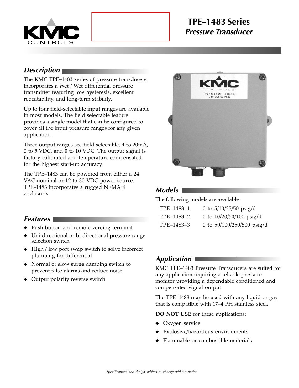 KMC Controls TPE-1483 Series(2004-2008) User Manual | 6 pages