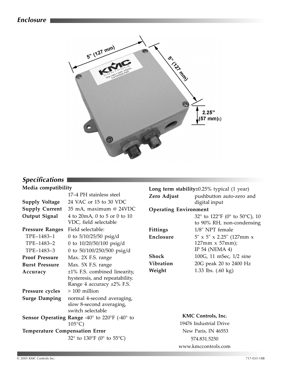 Enclosure, Specifications | KMC Controls TPE-1483 Series(2004-2008) User Manual | Page 2 / 6