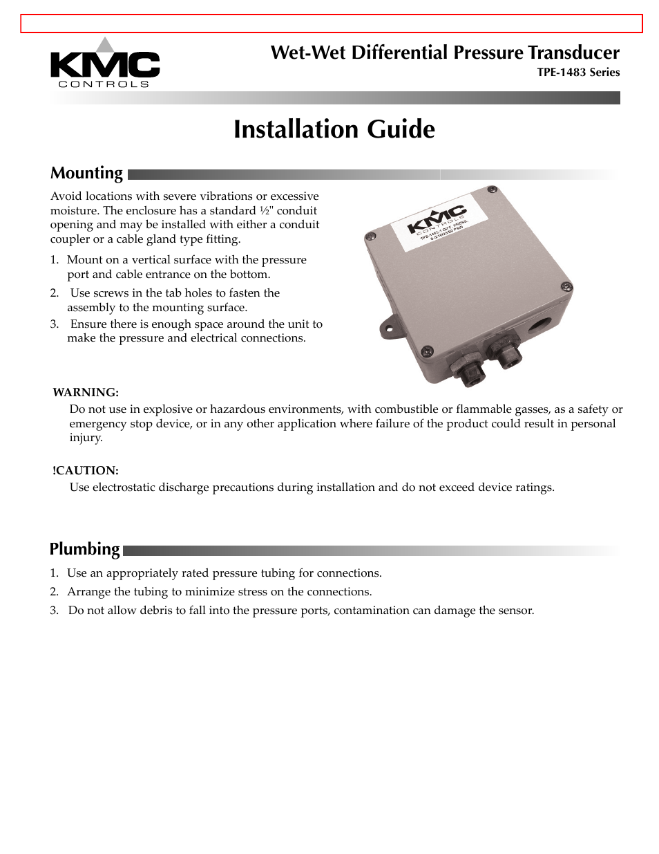 Installation guide, Wet-wet differential pressure transducer, Mounting | Plumbing | KMC Controls TPE-1483 Series(2004-2008) User Manual | Page 3 / 6
