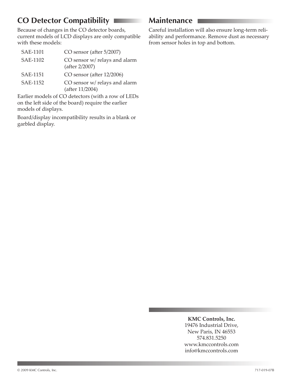 Co detector compatibility, Maintenance | KMC Controls IEI-1001 User Manual | Page 2 / 2
