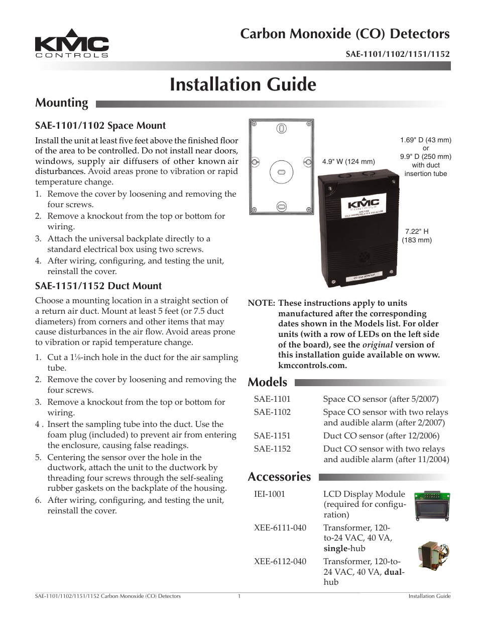 KMC Controls SAE-1152(NEW Style Board) User Manual | 5 pages