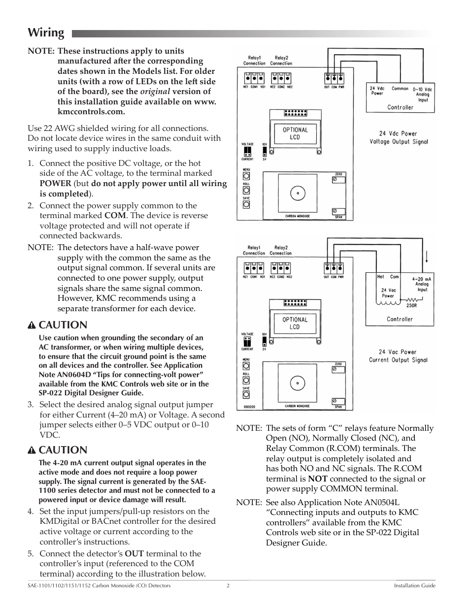 Wiring, Caution | KMC Controls SAE-1152(NEW Style Board) User Manual | Page 2 / 5