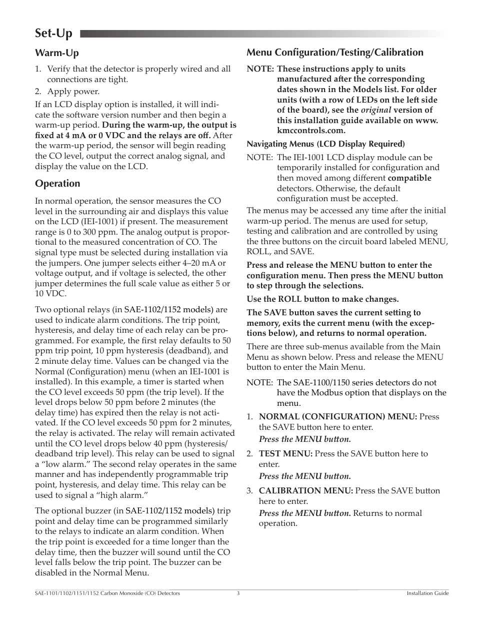 Set-up, Warm-up, Operation | Menu configuration/testing/calibration | KMC Controls SAE-1152(NEW Style Board) User Manual | Page 3 / 5