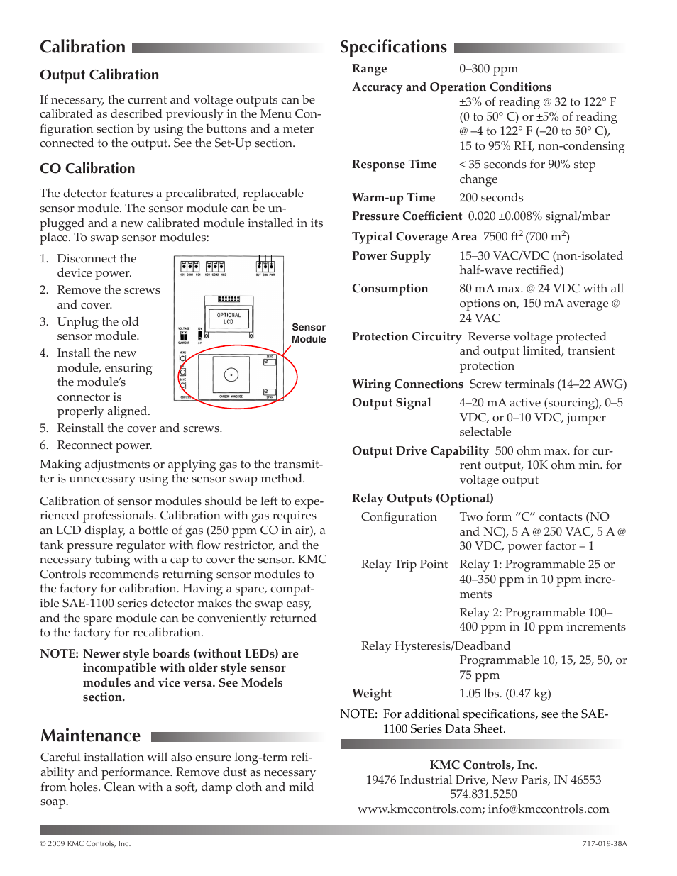 Calibration, Output calibration, Co calibration | Maintenance, Specifications | KMC Controls SAE-1152(NEW Style Board) User Manual | Page 5 / 5
