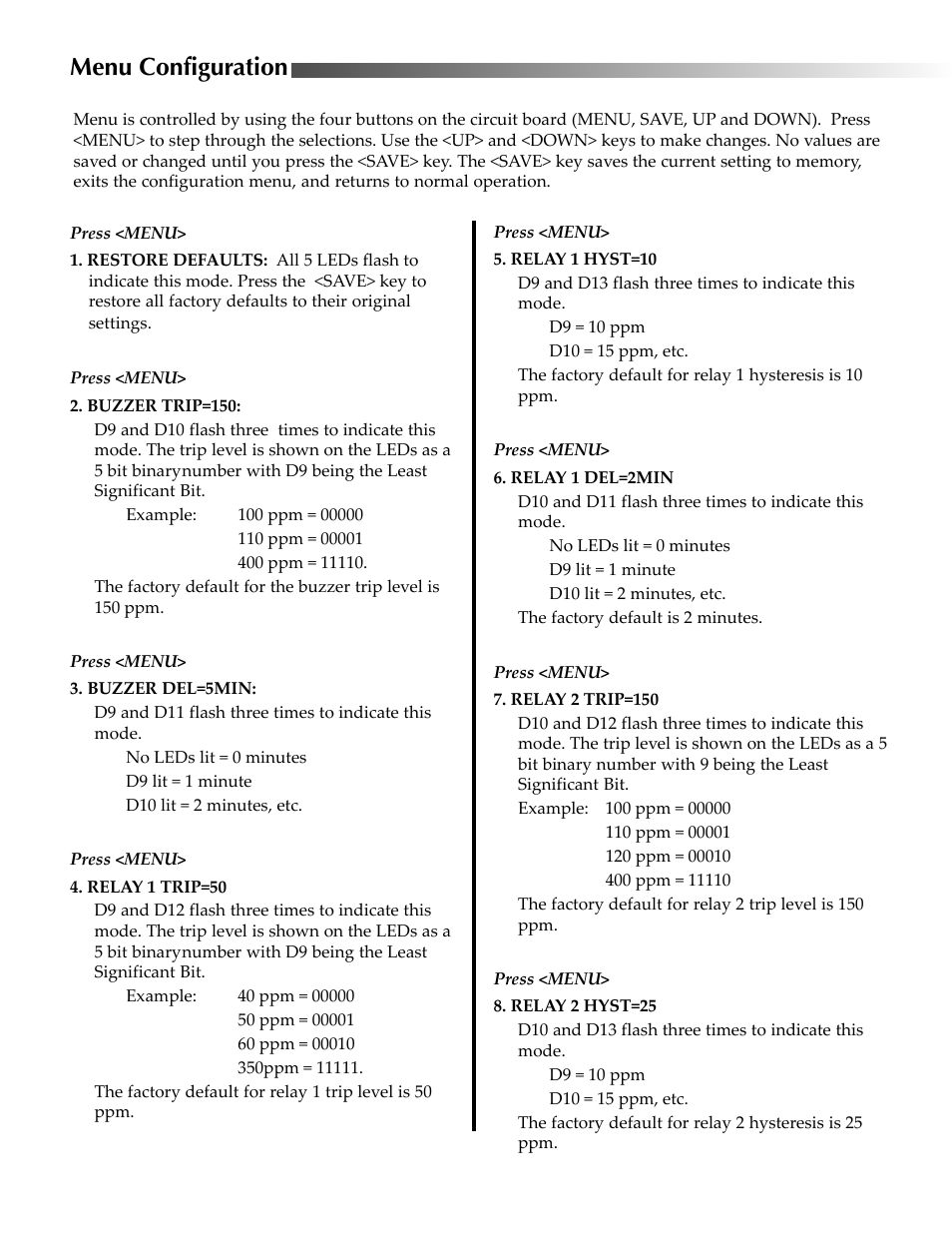 Menu configuration | KMC Controls SAE-1152(OLD Style Board w/ LEDs) User Manual | Page 5 / 8