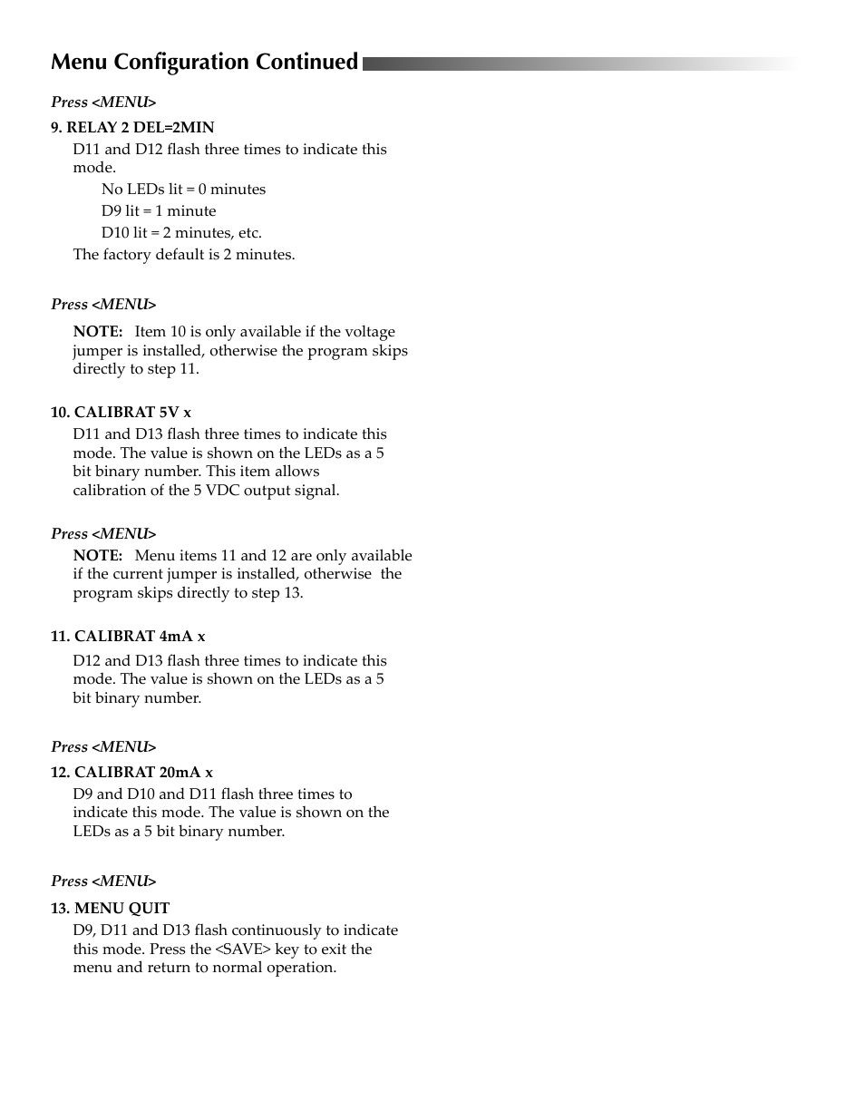 Menu configuration continued | KMC Controls SAE-1152(OLD Style Board w/ LEDs) User Manual | Page 6 / 8