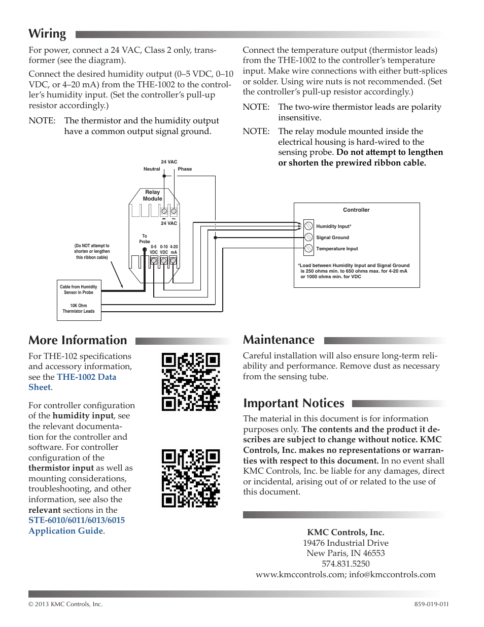 Wiring, More information, Maintenance | Important notices, More information 2 maintenance, Important notices 2 | KMC Controls THE-1002 User Manual | Page 2 / 2