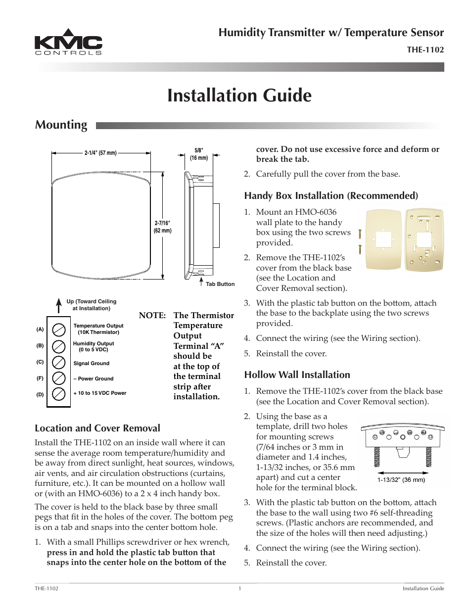KMC Controls THE-1102 User Manual | 2 pages