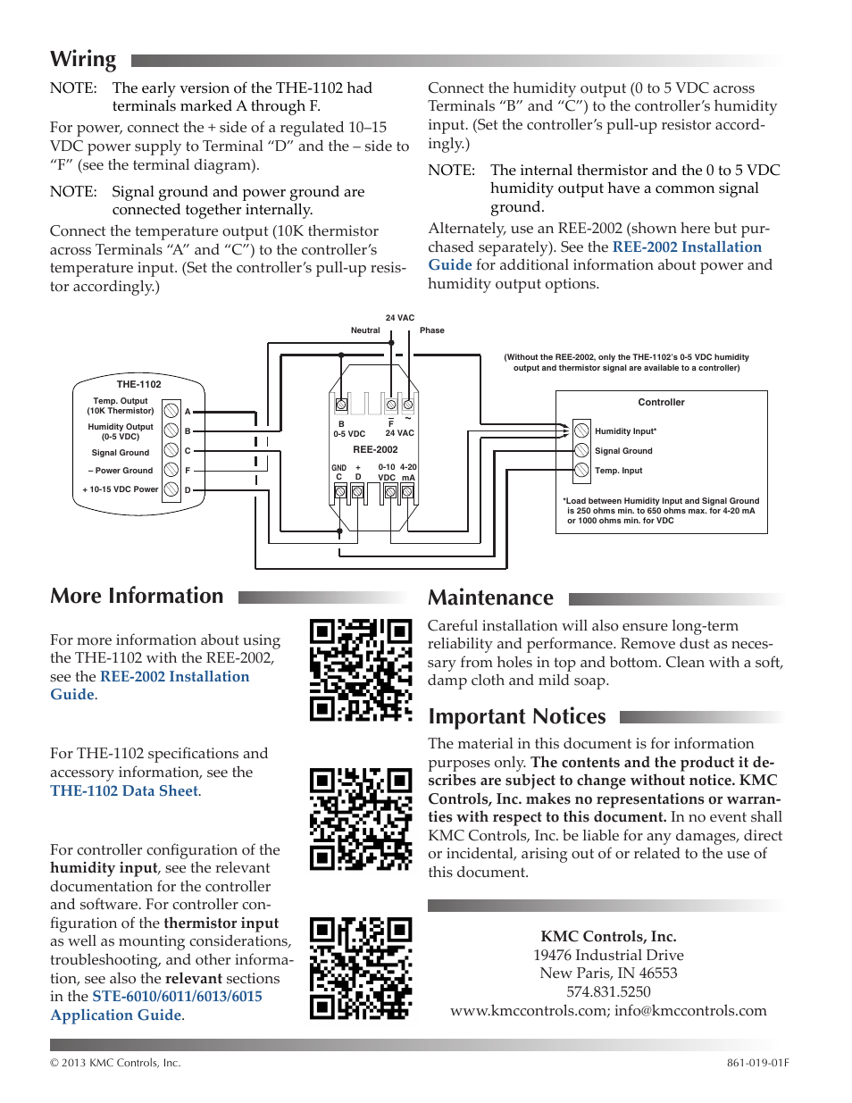 Wiring, More information, Maintenance | Important notices, More information 2 maintenance, Important notices 2, Wiring maintenance | KMC Controls THE-1102 User Manual | Page 2 / 2
