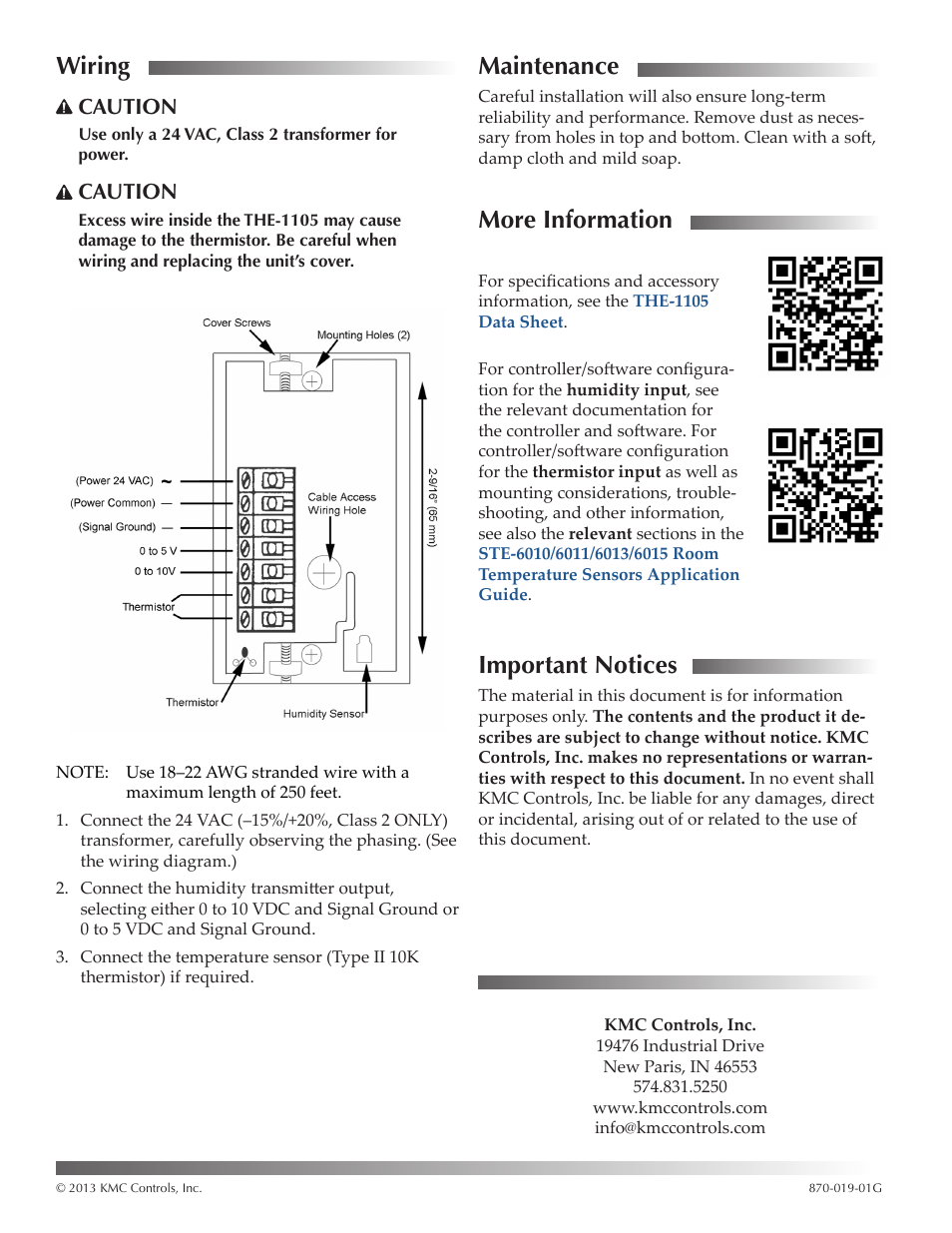 Wiring, Maintenance, More information | Important notices, More information 2 important notices 2, Wiring maintenance, Caution | KMC Controls THE-1105 User Manual | Page 2 / 2