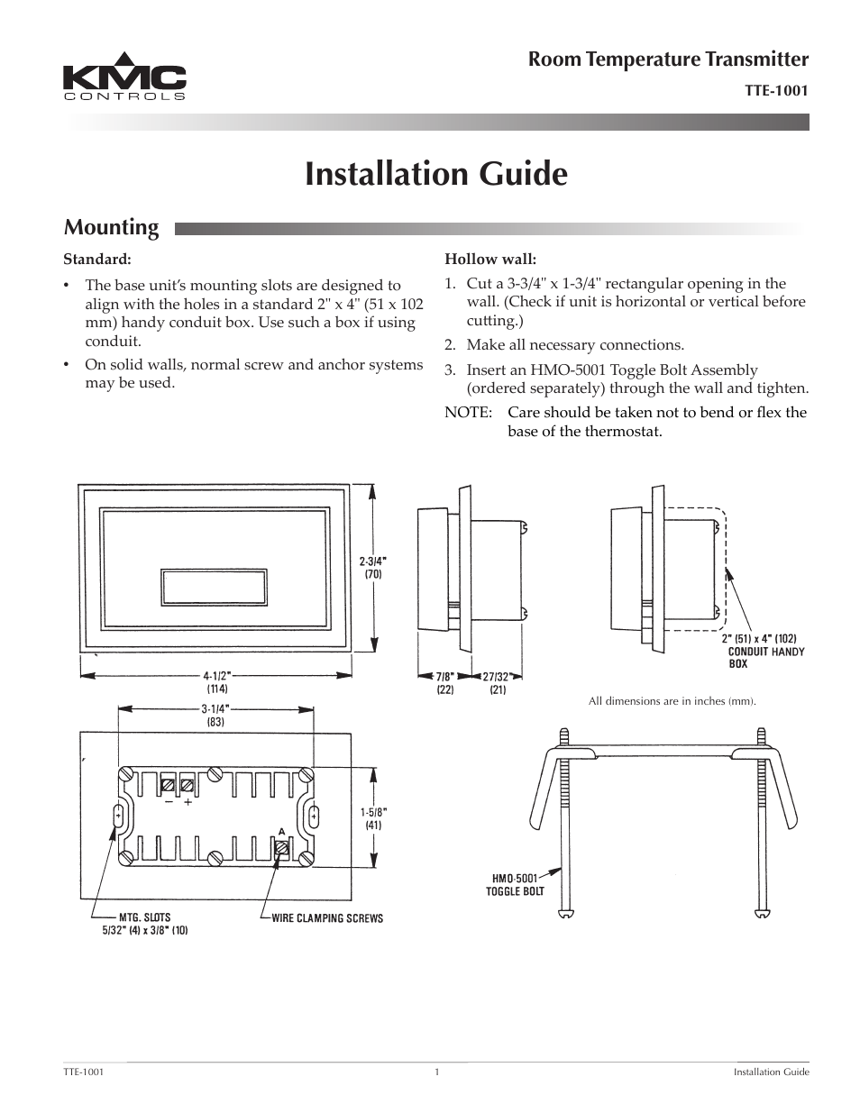 KMC Controls TTE-1001 User Manual | 2 pages
