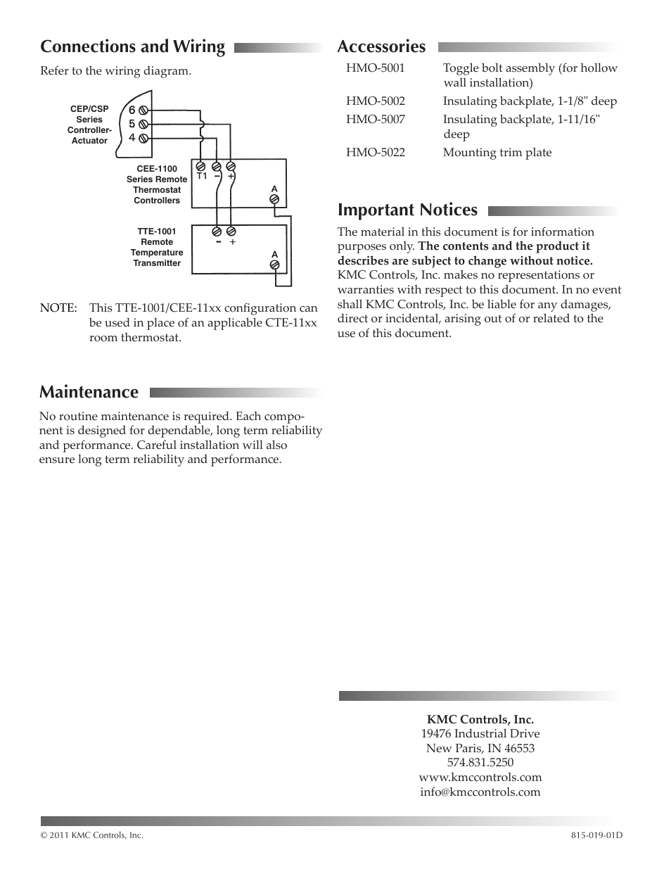 Connections and wiring, Maintenance, Accessories | Important notices, Connections and wiring 2 maintenance, Important notices 2 | KMC Controls TTE-1001 User Manual | Page 2 / 2