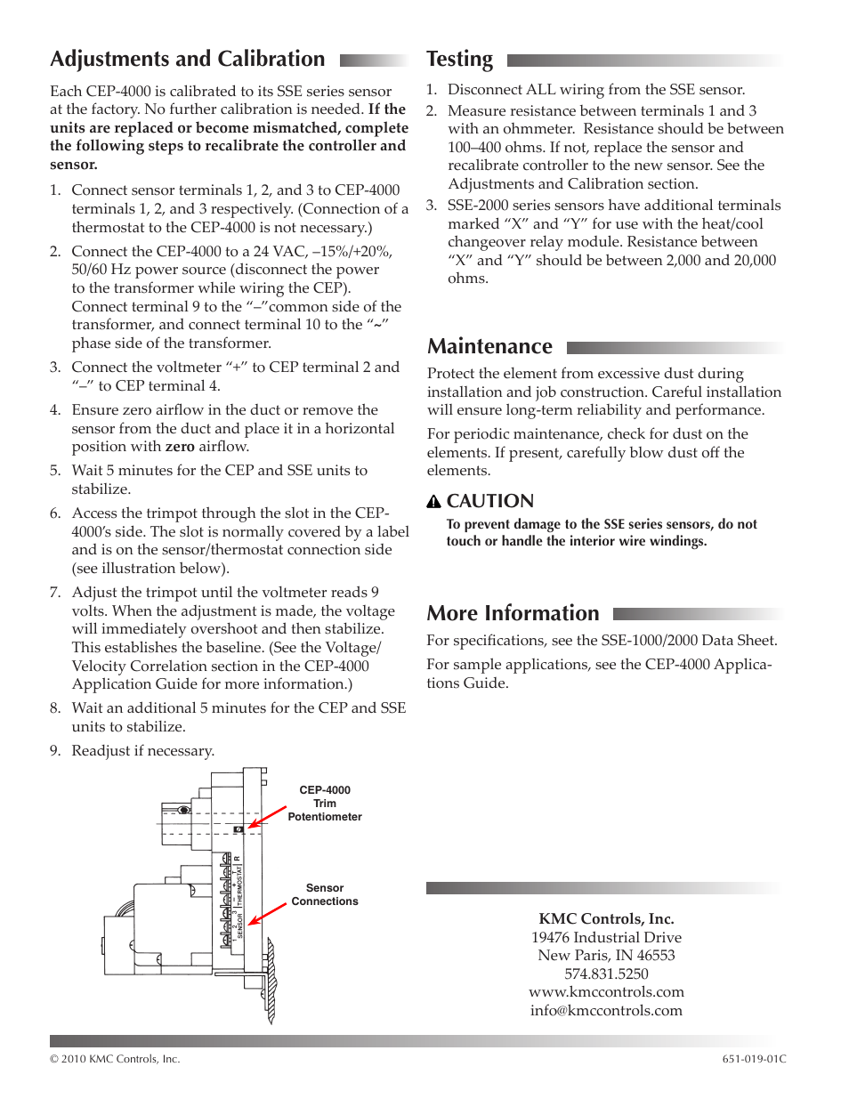 Adjustments and calibration, Testing, Maintenance | More information, Adjustments and calibration 2 testing, More information 2, Caution | KMC Controls SSE-2000 Series User Manual | Page 2 / 2