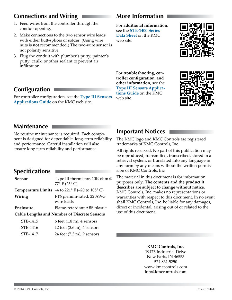 Connections and wiring, Configuration, Maintenance | Specifications, More information, Important notices | KMC Controls STE-1417 User Manual | Page 2 / 2