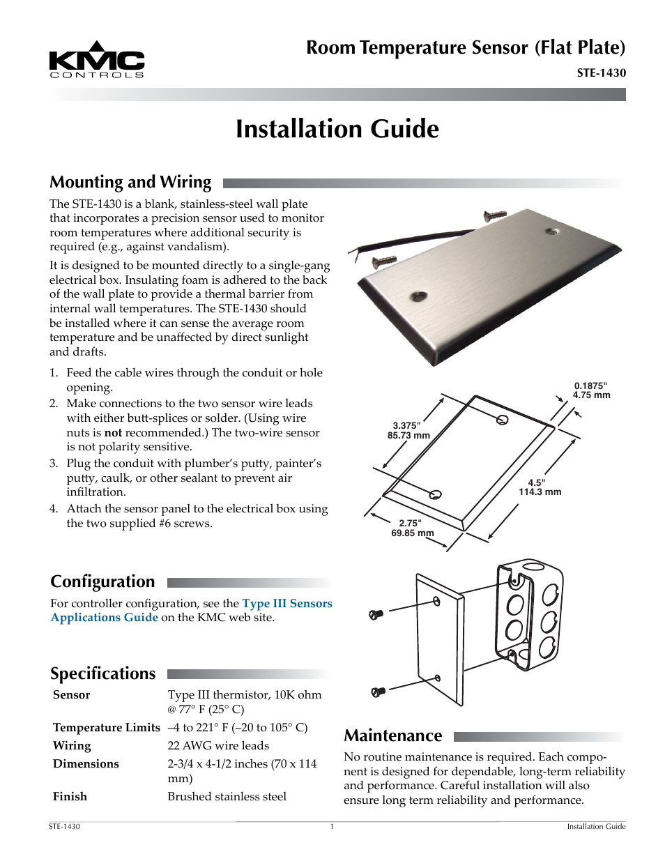 KMC Controls STE-1430 User Manual | 2 pages