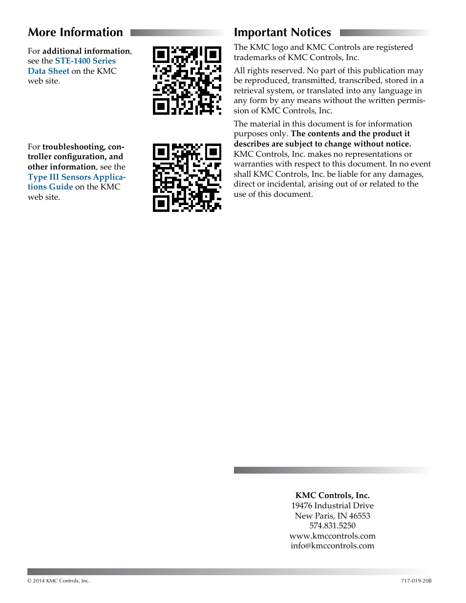 More information, Important notices | KMC Controls STE-1430 User Manual | Page 2 / 2