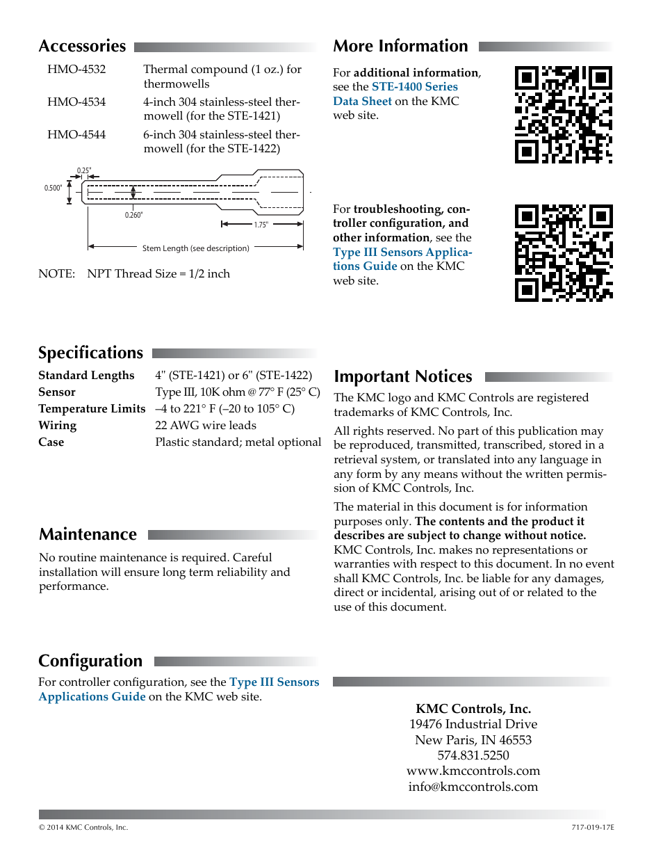 Accessories, Specifications, Maintenance | Configuration, More information, Important notices | KMC Controls STE-1422 User Manual | Page 2 / 2