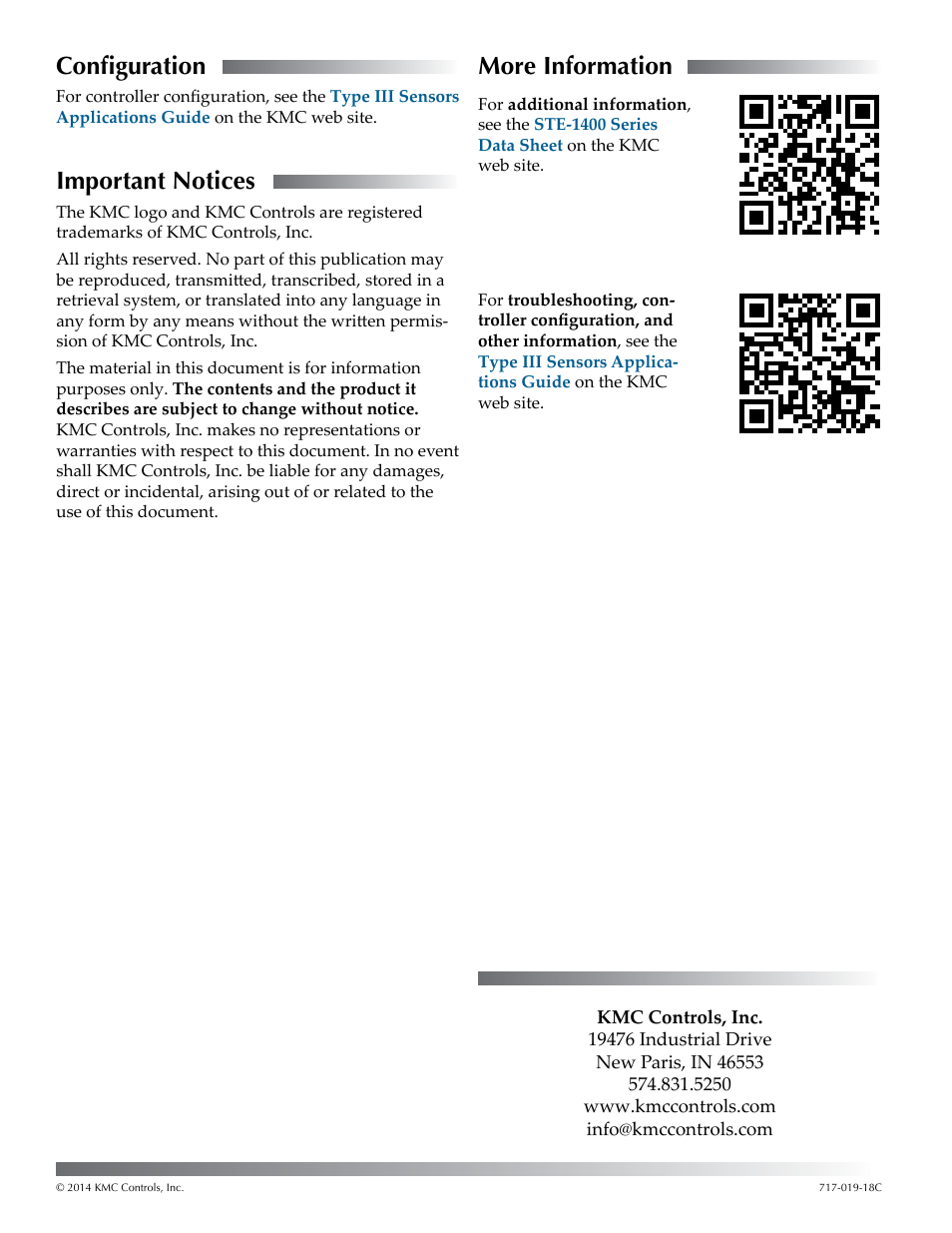 Configuration, Important notices, More information | KMC Controls STE-1451 User Manual | Page 2 / 2