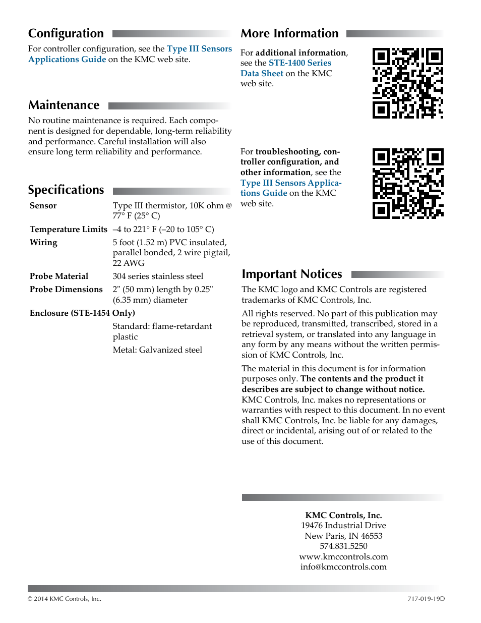 Configuration, Maintenance, Specifications | More information, Important notices | KMC Controls STE-1455 User Manual | Page 2 / 2