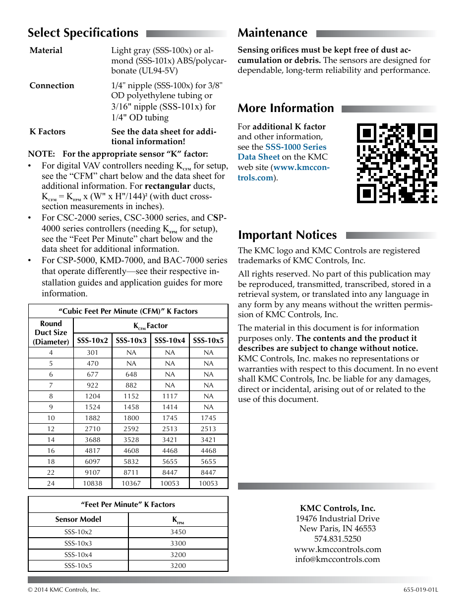 Select specifications, Maintenance, More information | Important notices | KMC Controls SSS-1000 Series User Manual | Page 2 / 2