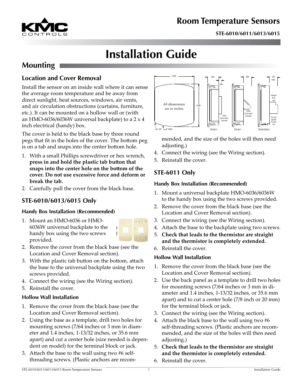 KMC Controls STE-6015 User Manual | 2 pages