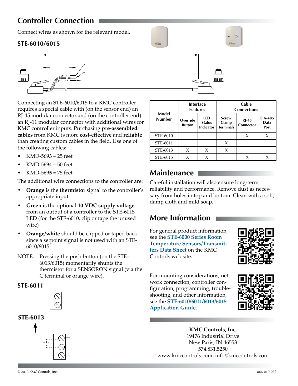 Controller connection, Ste-6010/6015, Ste-6011 | Ste-6013, Maintenance, More information, Controller connection 2, Ste-6010/6015 2, Ste-6011 2, Ste-6013 2 | KMC Controls STE-6015 User Manual | Page 2 / 2