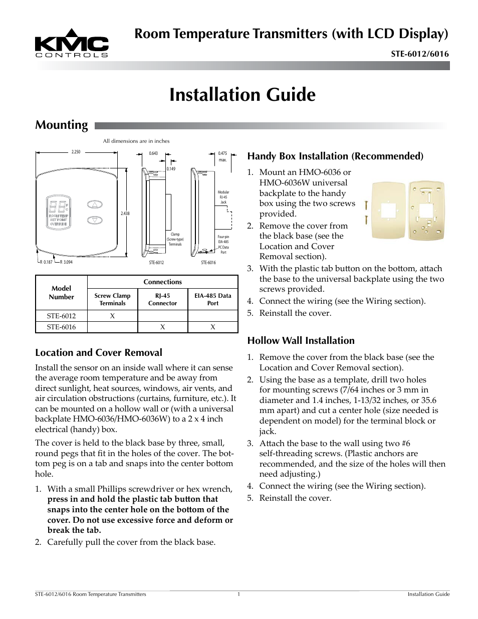 KMC Controls STE-6016 User Manual | 2 pages