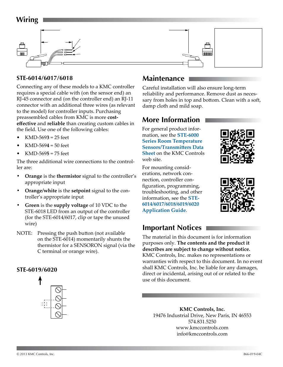 Wiring, Ste-6014/6017/6018, Ste-6019/6020 | Maintenance, More information, Important notices | KMC Controls STE-6020 User Manual | Page 2 / 2